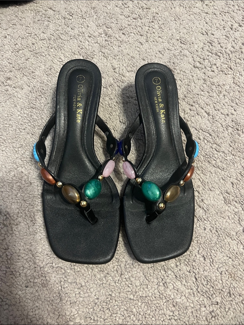 Olivia & Kate Black Jeweled Thong Heels